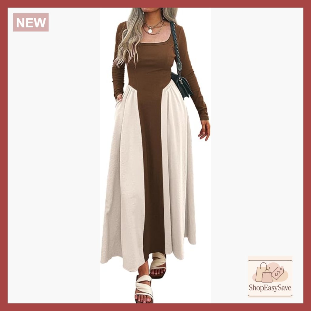 Square Neck Maxi Dress Long Sleeve Patchwork Ribbed Knit A-Line With Pockets